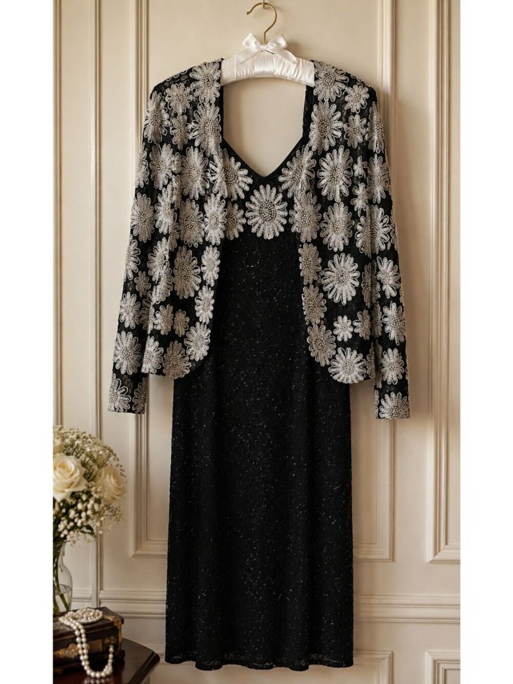 Pure Silk Black White Floral Hand Beaded Women M Vintage Evening Dress & Jacket - Picture 4 of 16